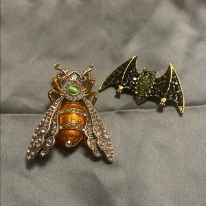 Bee and Bat Brooch Set with Gem Accents